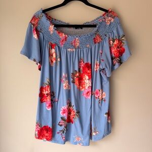 Papermoon Floral Off-Shoulder Blouse - Blue and Red